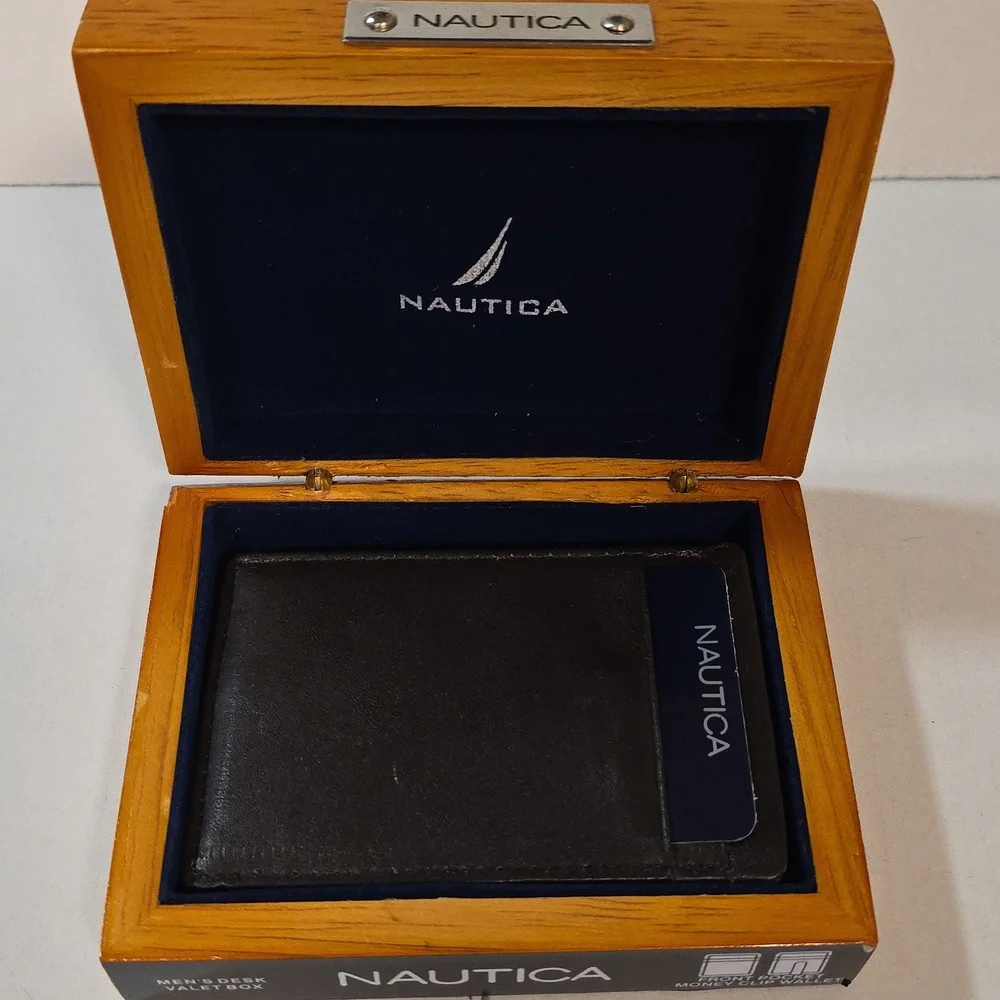 NAUTICA - Brown Card & Money Clip Holder - Wooden Box - New